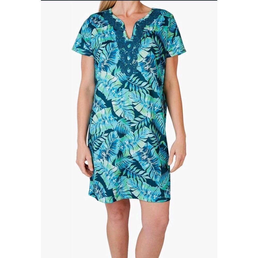 Caribbean Joe Womens Embroided V Neck Short Sleeve Dress Medium Tropical Beache